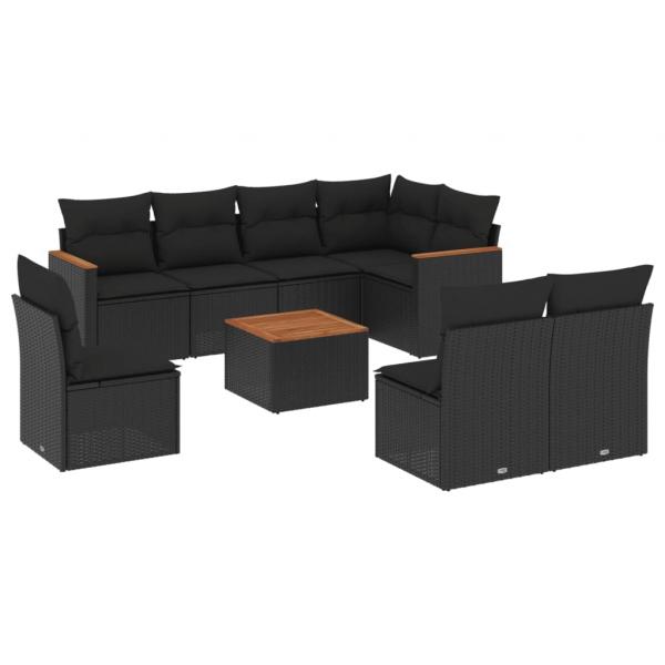 9-tlg. Garten-Sofagarnitur mit Kissen Schwarz Poly Rattan