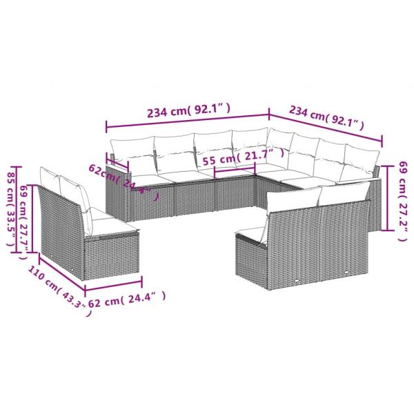 11-tlg. Garten-Sofagarnitur mit Kissen Schwarz Poly Rattan