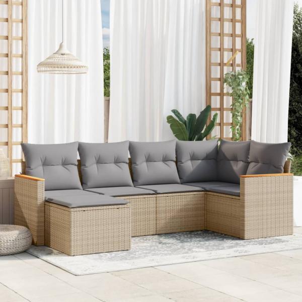 ARDEBO.de - 6-tlg. Garten-Sofagarnitur mit Kissen Beige Poly Rattan