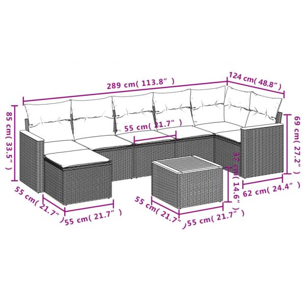 8-tlg. Garten-Sofagarnitur mit Kissen Grau Poly Rattan