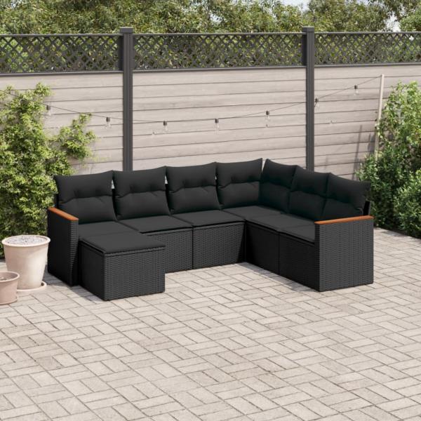 ARDEBO.de - 7-tlg. Garten-Sofagarnitur mit Kissen Schwarz Poly Rattan