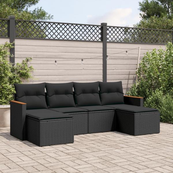 ARDEBO.de - 6-tlg. Garten-Sofagarnitur mit Kissen Schwarz Poly Rattan