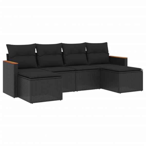 6-tlg. Garten-Sofagarnitur mit Kissen Schwarz Poly Rattan