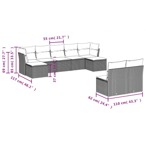 9-tlg. Garten-Sofagarnitur mit Kissen Grau Poly Rattan