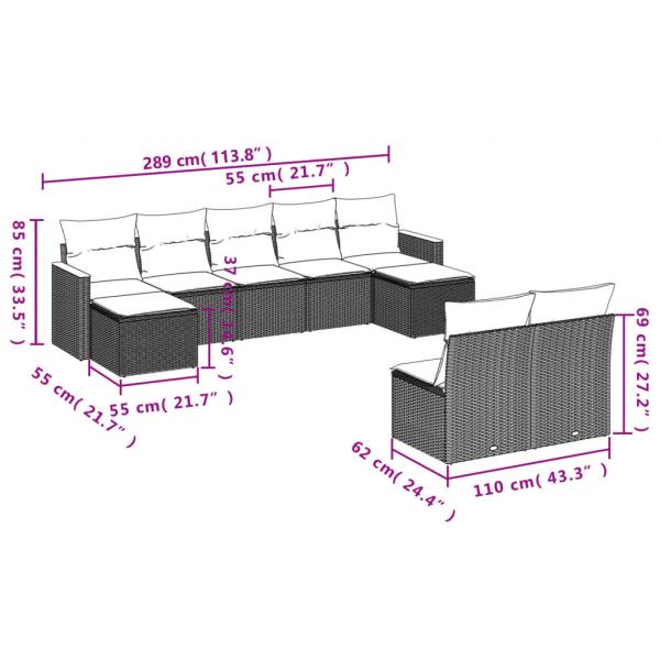 9-tlg. Garten-Sofagarnitur mit Kissen Beige Poly Rattan