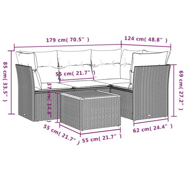 5-tlg. Garten-Sofagarnitur mit Kissen Schwarz Poly Rattan