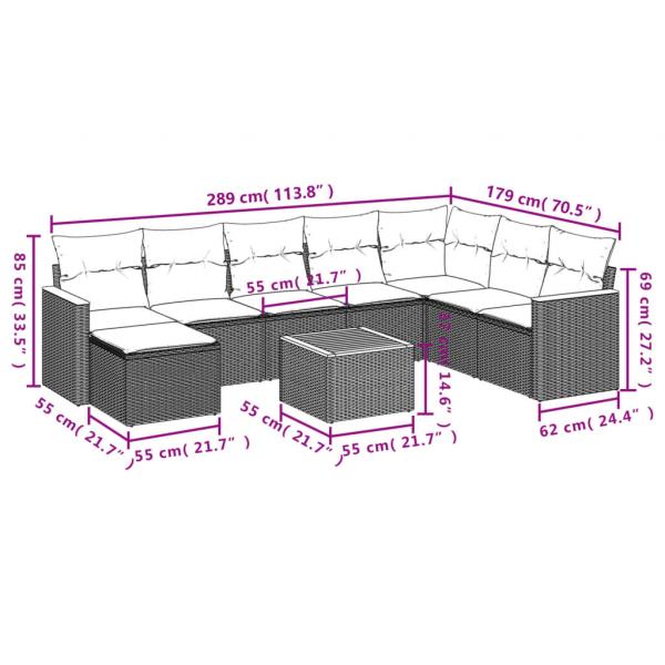 9-tlg. Garten-Sofagarnitur mit Kissen Schwarz Poly Rattan