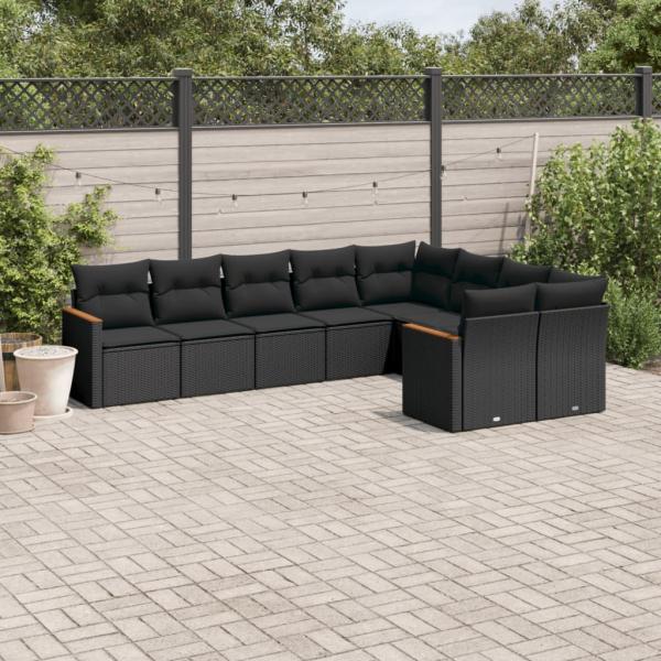 ARDEBO.de - 9-tlg. Garten-Sofagarnitur mit Kissen Schwarz Poly Rattan