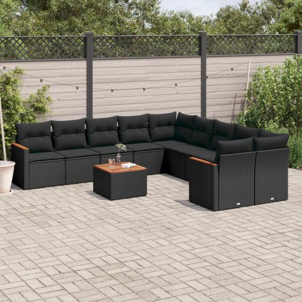 ARDEBO.de - 11-tlg. Garten-Sofagarnitur mit Kissen Schwarz Poly Rattan