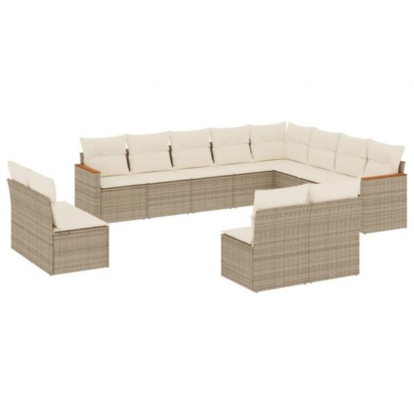 12-tlg. Garten-Sofagarnitur mit Kissen Beige Poly Rattan