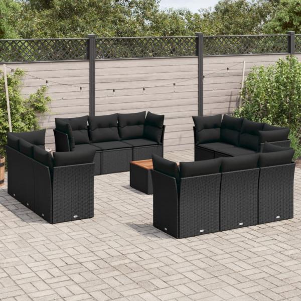 ARDEBO.de - 13-tlg. Garten-Sofagarnitur mit Kissen Schwarz Poly Rattan