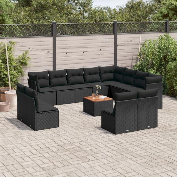 ARDEBO.de - 13-tlg. Garten-Sofagarnitur mit Kissen Schwarz Poly Rattan