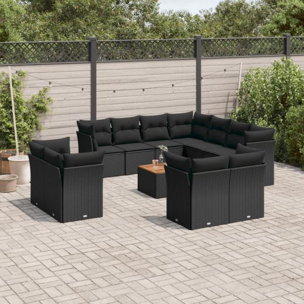 ARDEBO.de - 12-tlg. Garten-Sofagarnitur mit Kissen Schwarz Poly Rattan