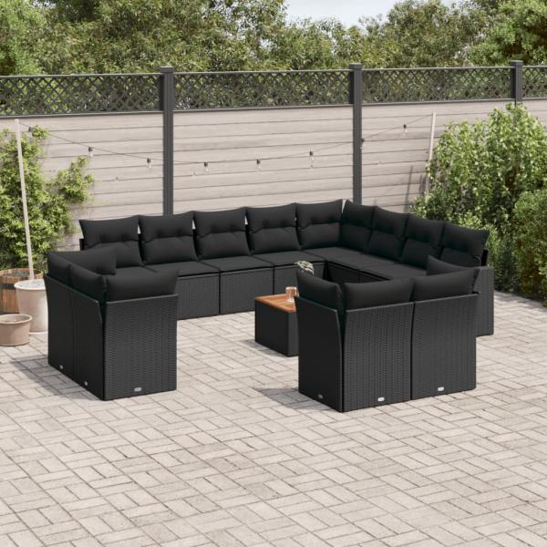 ARDEBO.de - 13-tlg. Garten-Sofagarnitur mit Kissen Schwarz Poly Rattan