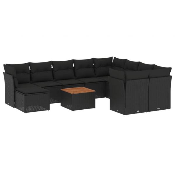 11-tlg. Garten-Sofagarnitur mit Kissen Schwarz Poly Rattan