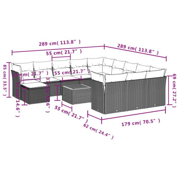 13-tlg. Garten-Sofagarnitur mit Kissen Schwarz Poly Rattan