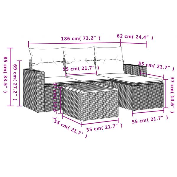 5-tlg. Garten-Sofagarnitur mit Kissen Schwarz Poly Rattan