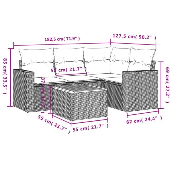 5-tlg. Garten-Sofagarnitur mit Kissen Schwarz Poly Rattan