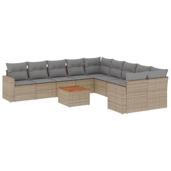 11-tlg. Garten-Sofagarnitur mit Kissen Beige Poly Rattan