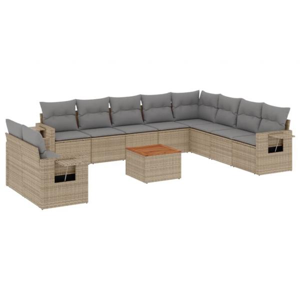 11-tlg. Garten-Sofagarnitur mit Kissen Beige Poly Rattan