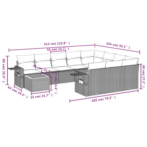 11-tlg. Garten-Sofagarnitur mit Kissen Grau Poly Rattan