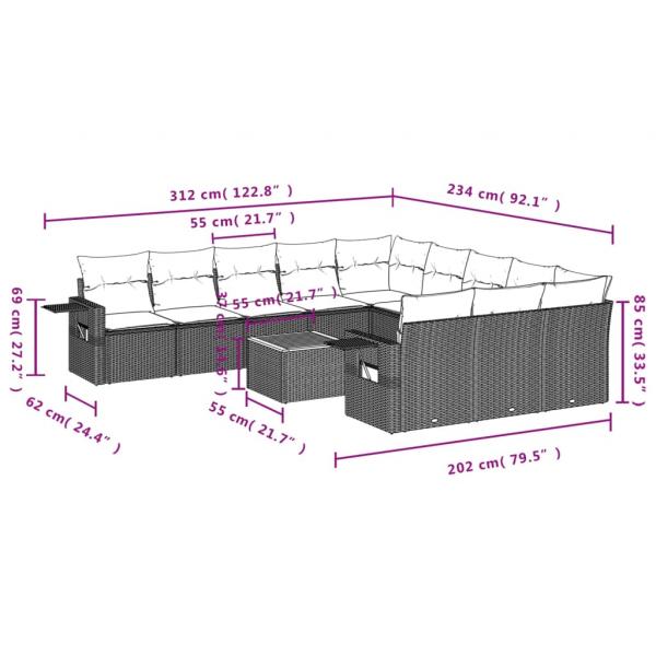 12-tlg. Garten-Sofagarnitur mit Kissen Grau Poly Rattan