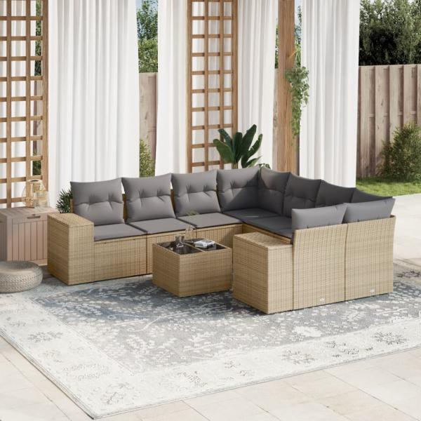 ARDEBO.de - 9-tlg. Garten-Sofagarnitur mit Kissen Beige Poly Rattan