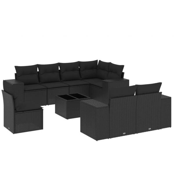 9-tlg. Garten-Sofagarnitur mit Kissen Schwarz Poly Rattan