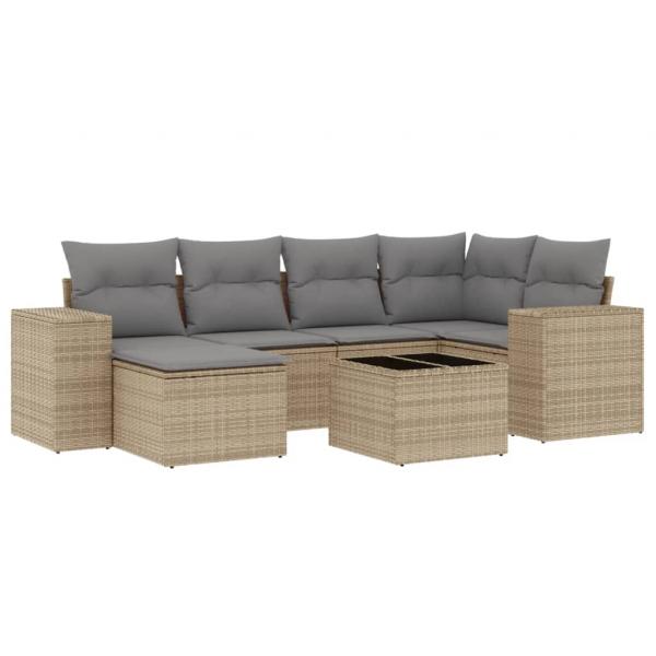 7-tlg. Garten-Sofagarnitur mit Kissen Beige Poly Rattan