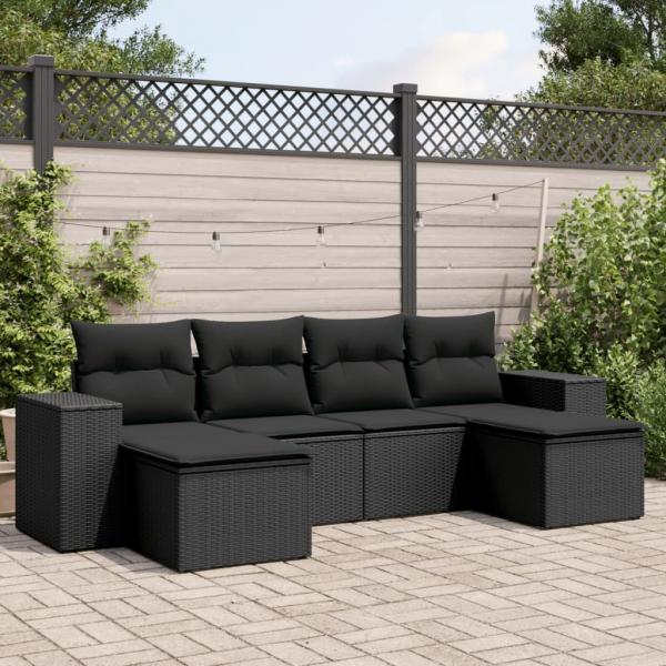 ARDEBO.de - 6-tlg. Garten-Sofagarnitur mit Kissen Schwarz Poly Rattan