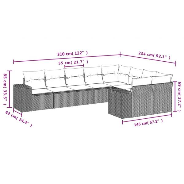 9-tlg. Garten-Sofagarnitur mit Kissen Beige Poly Rattan