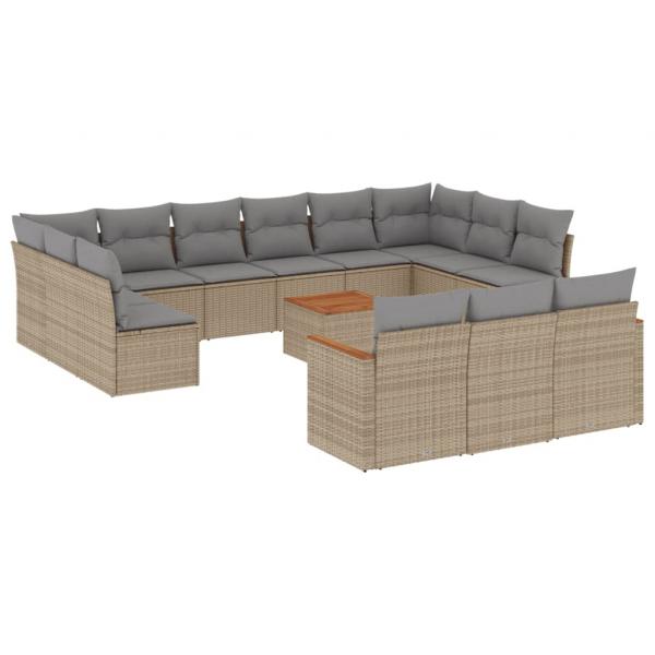 14-tlg. Garten-Sofagarnitur mit Kissen Beige Poly Rattan