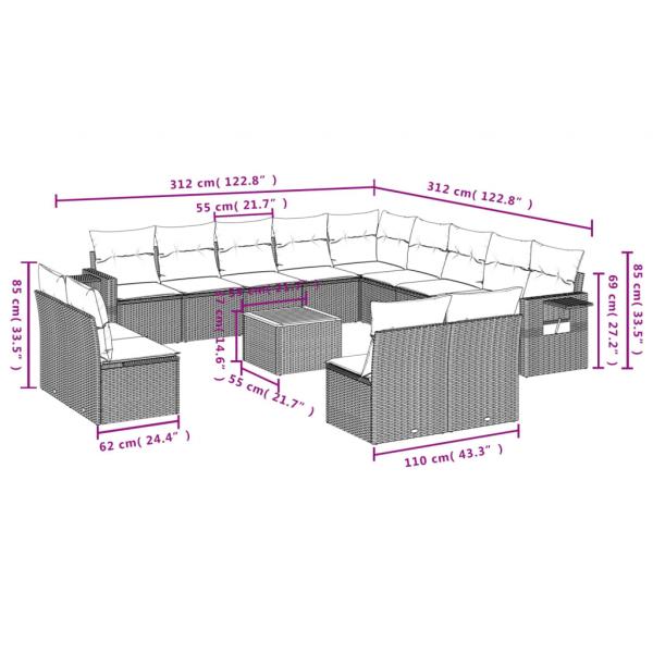 14-tlg. Garten-Sofagarnitur mit Kissen Beige Poly Rattan