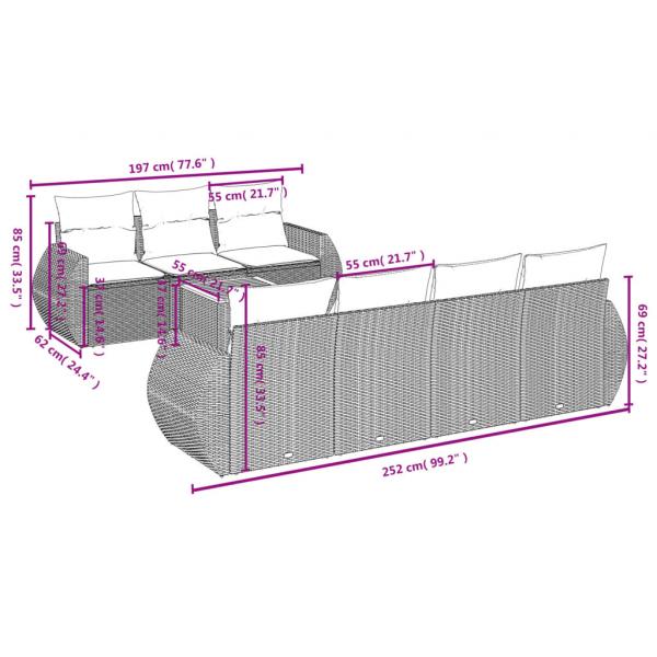 8-tlg. Garten-Sofagarnitur mit Kissen Grau Poly Rattan