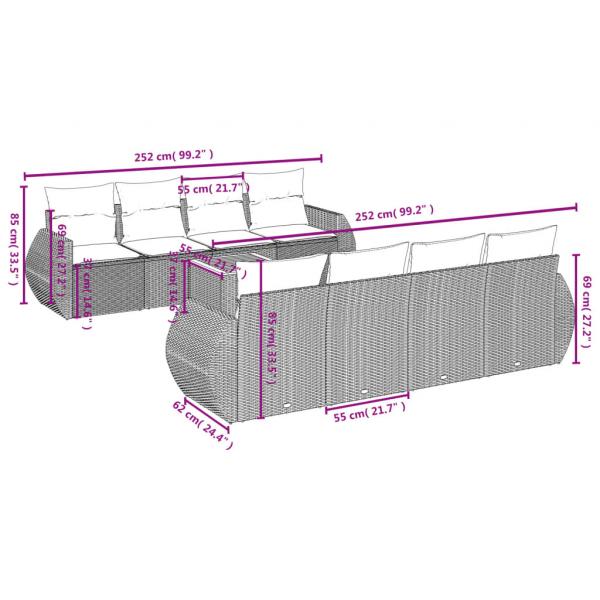 9-tlg. Garten-Sofagarnitur mit Kissen Grau Poly Rattan