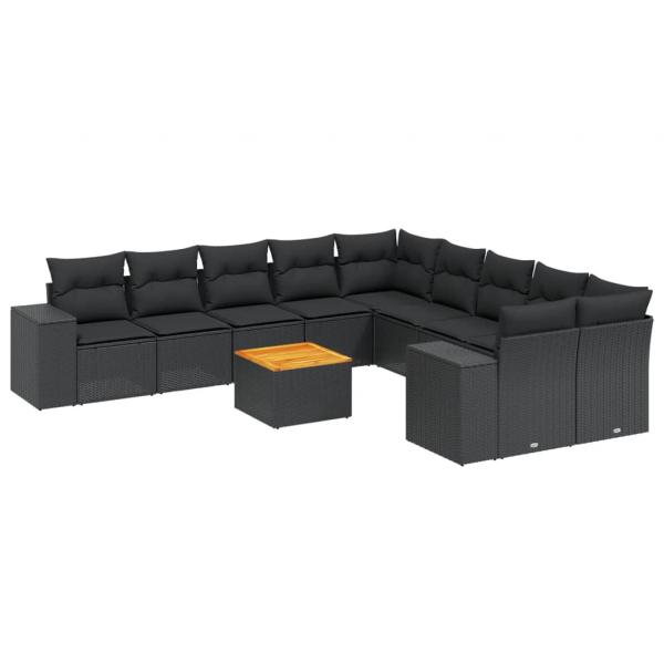 11-tlg. Garten-Sofagarnitur mit Kissen Schwarz Poly Rattan