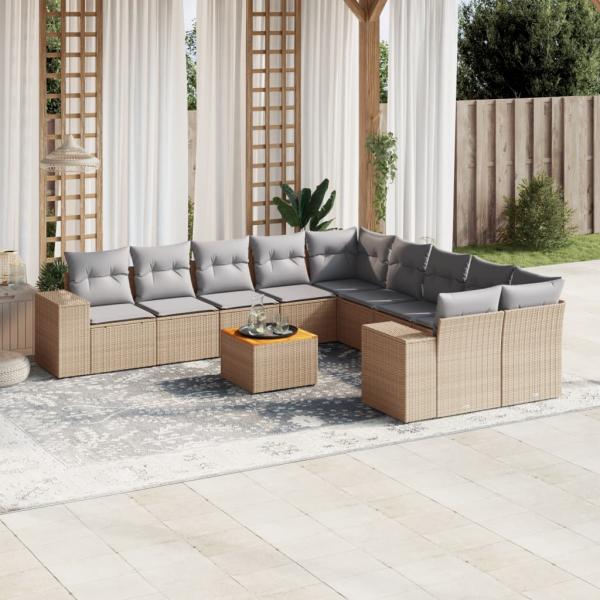 ARDEBO.de - 11-tlg. Garten-Sofagarnitur mit Kissen Beige Poly Rattan