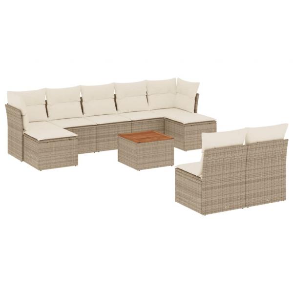 10-tlg. Garten-Sofagarnitur mit Kissen Beige Poly Rattan