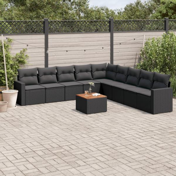 ARDEBO.de - 10-tlg. Garten-Sofagarnitur mit Kissen Schwarz Poly Rattan