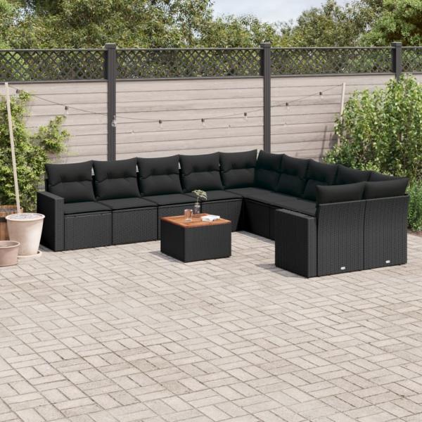 ARDEBO.de - 11-tlg. Garten-Sofagarnitur mit Kissen Schwarz Poly Rattan