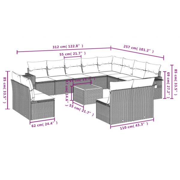 13-tlg. Garten-Sofagarnitur mit Kissen Beige Poly Rattan