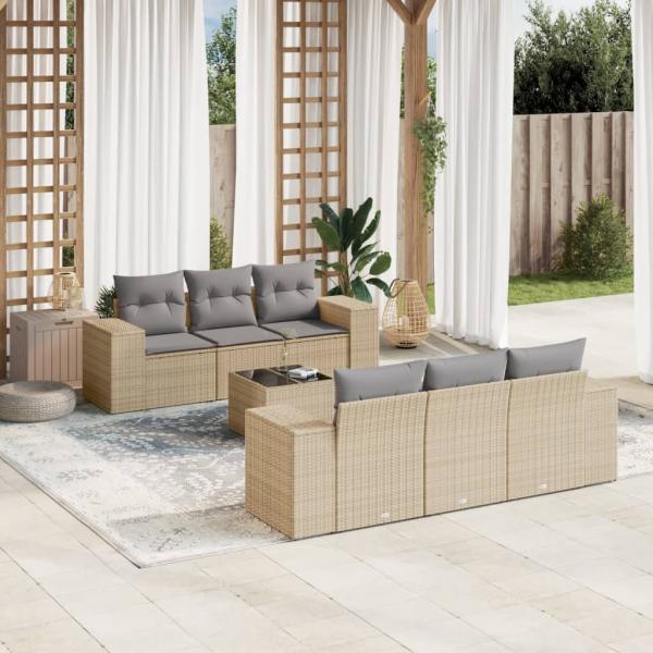 ARDEBO.de - 7-tlg. Garten-Sofagarnitur mit Kissen Beige Poly Rattan