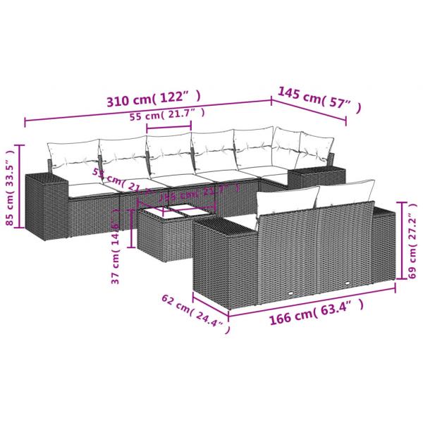 9-tlg. Garten-Sofagarnitur mit Kissen Grau Poly Rattan