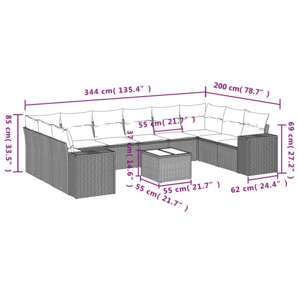 11-tlg. Garten-Sofagarnitur mit Kissen Grau Poly Rattan