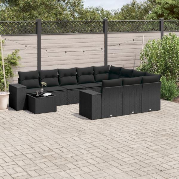 ARDEBO.de - 11-tlg. Garten-Sofagarnitur mit Kissen Schwarz Poly Rattan