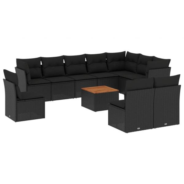 11-tlg. Garten-Sofagarnitur mit Kissen Schwarz Poly Rattan