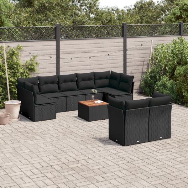 ARDEBO.de - 10-tlg. Garten-Sofagarnitur mit Kissen Schwarz Poly Rattan