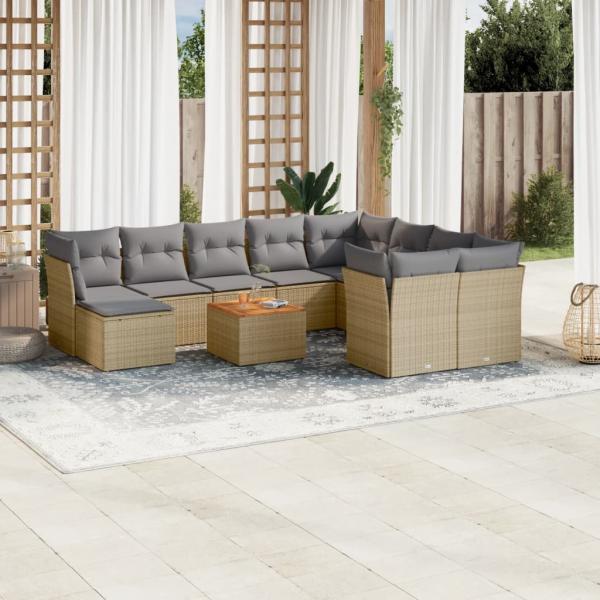 ARDEBO.de - 11-tlg. Garten-Sofagarnitur mit Kissen Beige Poly Rattan