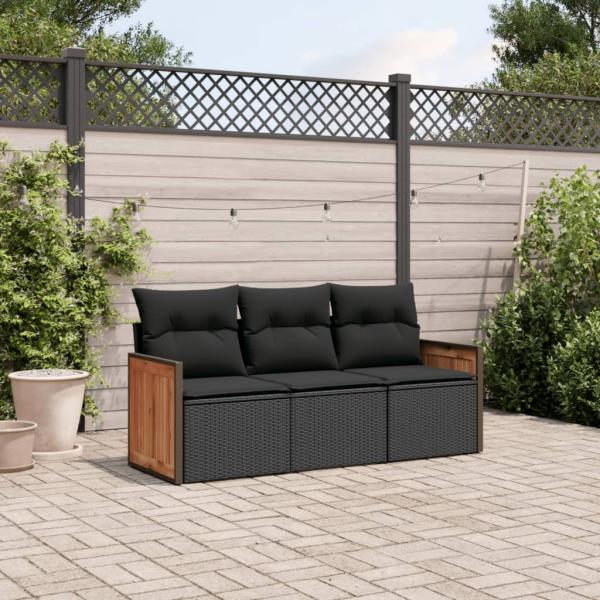 ARDEBO.de - 3-tlg. Garten-Sofagarnitur mit Kissen Schwarz Poly Rattan