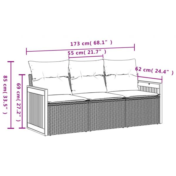 3-tlg. Garten-Sofagarnitur mit Kissen Schwarz Poly Rattan